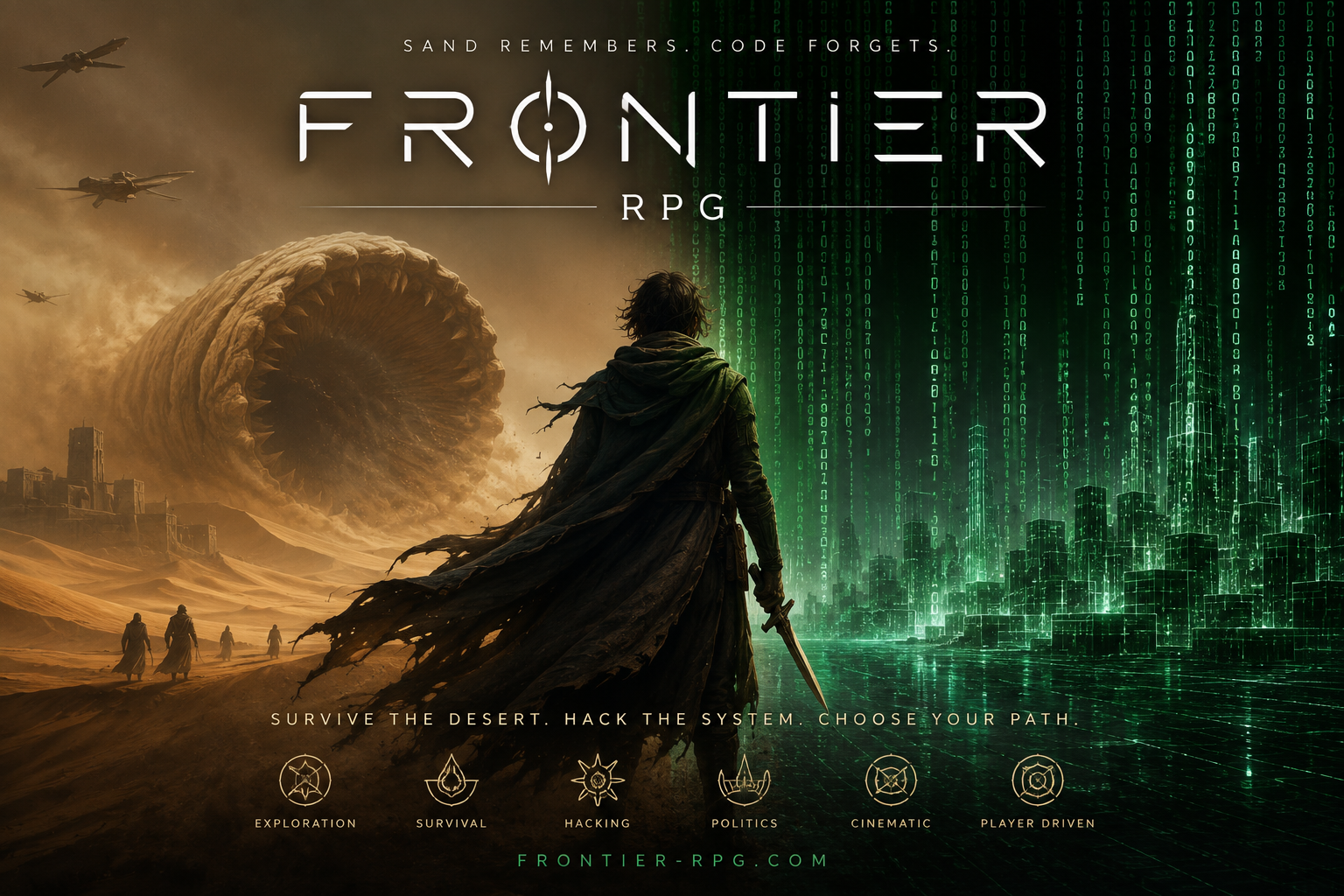 Frontier RPG concept art showing a cloaked figure between a desert horizon and a digital city